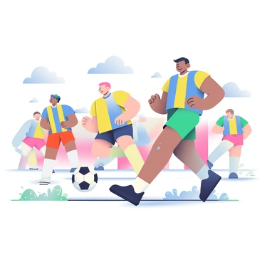 A group of soccer players in colorful jerseys are in action on a muddy field during a rainy match. The players are displaying dynamic poses as they run and kick the ball, with drops of rain falling around them. Water splashes up from their cleats as they make contact with the wet ground, creating droplets that scatter in the air. The ball is a bright white and black pattern, rolling across the muddy terrain. In the background, gray clouds loom overhead, completing the scene of an intense and lively soccer match.