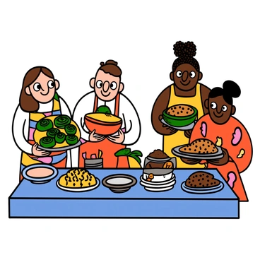 A cozy kitchen scene with two families preparing to exchange traditional dishes. On one side, a light-skinned woman with big eyes and long brown hair is placing a beautifully arranged platter of "stuffed grape leaves" on the table. She is wearing a colorful apron over a white shirt. Next to her, a light-skinned man with big eyes and short hair is holding a bowl of "pumpkin soup." On the other side, a dark-skinned woman with big eyes and braided hair is smiling as she offers a dish of "fried plantains" to her guests. She is wearing a bright floral dress. Next to her, a dark-skinned man with big eyes and a beard is bringing a plate of "spicy rice." The table is adorned with various vibrant dishes, showcasing the rich culinary heritage of both cultures.