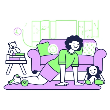 A child is on a living room carpet, playfully mimicking a knee plank position. The child has curly hair and is wearing a colorful t-shirt and shorts. They are looking down with a joyful expression, resting on their forearms and knees. Next to the child, there are scattered toys, including a plush teddy bear and a set of building blocks. In the background, there is a couch with patterned cushions and a small coffee table with a few books stacked on it. Sunlight filters in through a nearby window, casting soft shadows on the carpet.
