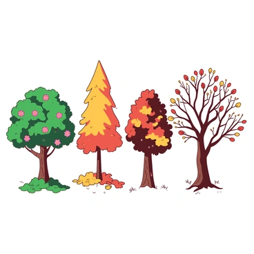 A seasonal muster showing the four seasons represented by different trees and flowers