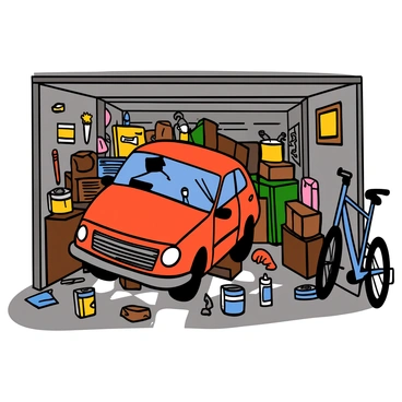 A car crashed into the side of a cluttered garage