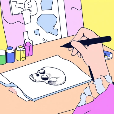 A close-up view of a tattoo artist's hand holding a black ink pen, carefully drawing a detailed skull design on a sketchpad. The skull is intricately designed with visible shading and texture. The sketchpad is open on a wooden table, with the artist's other tools, such as colorful ink bottles and needles, placed nearby. The background features a softly blurred studio setting, with artwork and decor hinting at a tattoo parlor atmosphere.