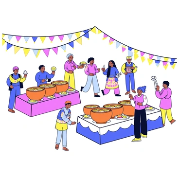 A vibrant cultural festival taking place in an open area. Stalls are set up displaying large pots of aromatic biryani, decorated with colorful banners. People are gathered around, enjoying the dish served on traditional plates. In the background, performers are showcasing traditional dances, wearing bright costumes. Some performers are playing musical instruments, adding to the festive atmosphere. Decorative lights are hung above the scene, illuminating the gathering with a warm glow.