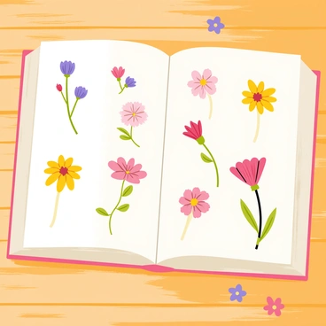 A flower illustration book with a thick, textured cover that is light beige in color. The pages of the book are filled with pressed dried flowers, showcasing vivid colors such as deep purples, bright yellows, and soft pinks. Each page features carefully arranged flowers with their stems and leaves visible, highlighting intricate details. The flowers are set against a subtle white background to enhance their colors. The open book is placed on a wooden table, surrounded by a few loose dried flowers scattered around it.