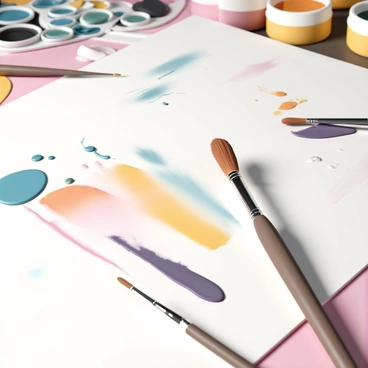 A close-up view of an artist's workspace showcasing a variety of paintbrushes with different brush strokes displayed on a canvas. The canvas presents a range of textures and effects, including smooth gradients, bold lines, and delicate splatters. The background features a palette with an array of vibrant colors, and tubes of paint are scattered around. A light source casts gentle shadows over the scene, highlighting the unique characteristics of each brush stroke.
