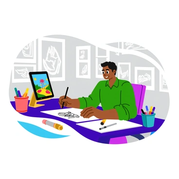 An artist sitting at a modern desk using a digital tablet to create an illustration. The tablet displays a vibrant scene filled with a variety of colors and shapes. The artist's hand is holding a stylus, actively drawing intricate details on the screen. Surrounding the artist are various art supplies, including markers and sketchbooks, creating a lively and creative workspace. The background has a wall filled with art prints and sketches, adding to the artistic atmosphere.