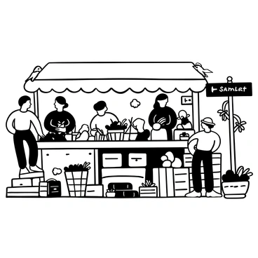 A busy country market scene with various stalls displaying fresh produce such as vegetables and fruits. Vendors are standing behind their tables, some arranging their products while others engage with customers. Baskets filled with colorful vegetables are placed on the ground around the stalls. A group of locals is seen browsing the produce, holding shopping bags. Additional elements include wooden crates stacked nearby and small signs indicating prices. A few birds can be seen perched on the stall edges, and there's a rustic wooden signpost directing towards different sections of the market.