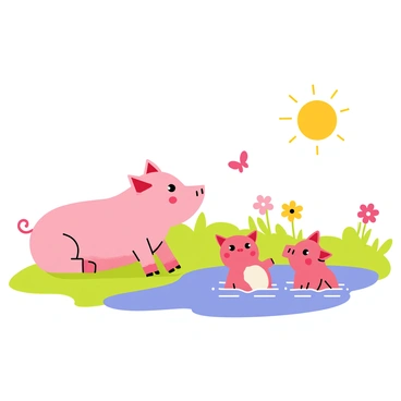 A family of three pigs is gathered beside a peaceful pond on a sunny day. The largest pig, with light pink skin, is sitting comfortably on a patch of grass, while the two smaller pigs, one with darker pink skin and the other with a white patch on its back, are playfully splashing in the water. The pond is surrounded by lush green grass and blooming flowers, and a few butterflies are fluttering nearby. The sun casts warm rays over the scene, creating a cheerful atmosphere.