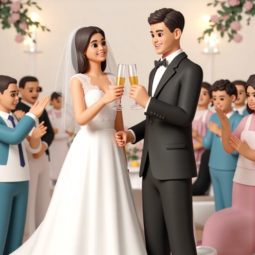 A bride, wearing a white lace wedding dress with a flowing train and a delicate veil, stands beside a groom, who is dressed in a black tuxedo with a white shirt and a black bow tie. They are raising elegant champagne flutes in a toast, smiling at each other and radiating joy. Surrounding them are happy guests of various ages, some clapping and others cheering, with decorations like flowers and candles adorning the tables in the background. The atmosphere is lively, with soft lighting creating a warm ambiance.