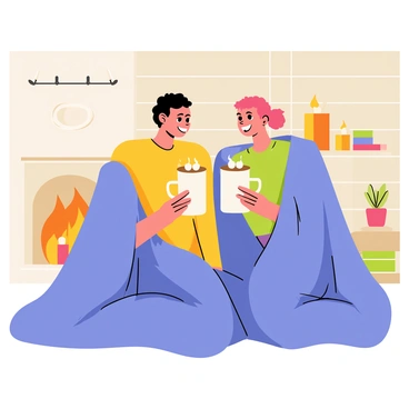 Two friends sitting closely together under a large, fluffy blue blanket. Each friend holds a white mug filled with steaming hot cocoa, with small marshmallows floating on top. They are positioned in front of a warm, crackling fireplace, with orange and yellow flames visible. The room has wooden walls and a few decorative items, like a small plant and a stack of books nearby. The friends are smiling and engaged in a light conversation, creating a joyful and warm atmosphere.