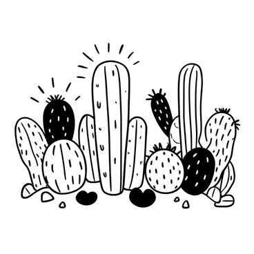 A collection of various cacti, each with unique shapes and textures, arranged in a sandy garden setting. Some cacti are tall and columnar, while others are round and spiky. Each cactus displays distinctive patterns and details in their spines and surfaces. Surrounding the cacti, there are small rocks scattered in the sand, and a few stylized sun rays can be illustrated overhead, emphasizing the sunny atmosphere.
