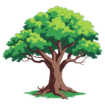 A large oak tree with a thick, gnarled trunk, showcasing deep, sprawling roots that anchor firmly into the earth. Its wide branches extend outward, covered in vibrant green leaves that create a lush canopy above. Sunlight filters through the leaves, casting intricate shadows on the ground below. The bark of the tree is textured and rough, indicating its age and resilience. Small animals, such as squirrels, can be seen perched on the branches, adding life to the scene.