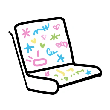 A school bus seat, featuring vibrant and colorful doodles and drawings. The seat has various shapes, such as stars, hearts, and squiggly lines, all created in bright hues like red, blue, green, and yellow. The drawings are layered over each other, creating a playful and chaotic aesthetic. Some doodles include small stick figures and abstract patterns, while others are simple sketches of animals and flowers. The fabric of the seat has a slight texture, highlighting the playful nature of the illustrations.