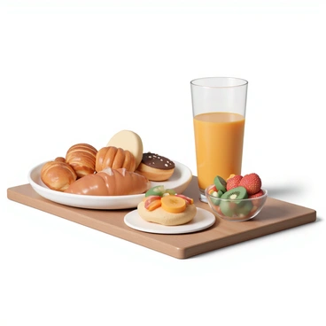 A wooden table features a classic continental breakfast spread. There are assorted pastries, including croissants, danishes, and muffins, arranged on a white ceramic plate. Nearby, a selection of sliced fruits, such as strawberries, kiwis, and oranges, is beautifully displayed in a small glass bowl. A tall, clear glass of orange juice sits next to the plate, reflecting the light. The scene is bright and inviting, showcasing a delightful morning meal.