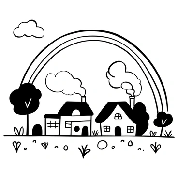 A small village with quaint houses and smoke rising from chimneys sits below a large rainbow arching across the sky. The ground is wet and glistening, with puddles reflecting the shapes of the buildings. Trees are positioned along the edges of the village, and there are some scattered flowers in the foreground. The clouds above are fluffy and varied, indicating the recent rainstorm. The scene conveys a feeling of tranquility and renewal.
