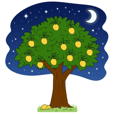 A tall mango tree with a thick trunk and lush green foliage stands prominently. Its branches are heavy with bright yellow mangoes, some hanging low, while others are nestled within the leaves. The night sky above is a deep blue, dotted with numerous twinkling stars that create a beautiful contrast against the darkness. The crescent moon casts a gentle light on the tree, illuminating the leaves and giving a magical glow to the mangoes. The ground beneath the tree is covered in soft grass, with a few scattered mangoes that have fallen.