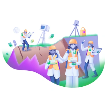 A team of scientists is actively collecting samples and data at the epicenter of an earthquake. The scientists are dressed in matching safety vests and helmets, equipped with various tools like collecting containers, notebooks, and tablets. Surrounding them are geological formations showing signs of disturbance, with cracked earth and displaced rocks. In the background, there are scattered pieces of equipment, including a portable weather station and measuring devices. The atmosphere conveys focus and collaboration as the team works efficiently in this dynamic environment.