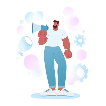 A person is holding a megaphone, standing confidently with their body slightly turned to the side. They are wearing a casual yet professional outfit. Surrounding the person are various symbols of personal branding, including a light bulb representing ideas, a target symbol indicating goals, and a gear symbolizing work and processes. The background is filled with gradient pastel colors that softly blend together.