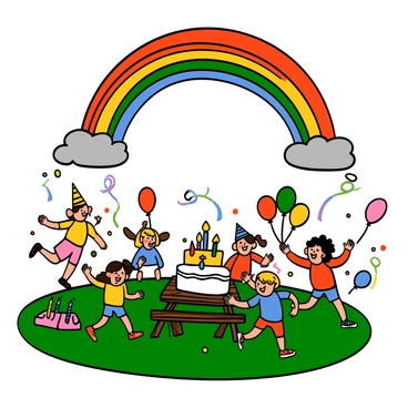 A rainbow arching over a birthday scene with kids playing on a grassy lawn
