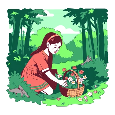 A Kazakh girl wearing a traditional colorful dress is exploring a lush green forest. She is kneeling down to collect various vibrant flowers, carefully placing them in a woven basket beside her. Sunlight filters through the dense canopy, casting dappled shadows on the forest floor. The girl has a look of wonder on her face as she admires the rich greenery and vibrant blooms surrounding her. Tall trees frame the scene, and small woodland creatures can be seen peeking through the foliage.