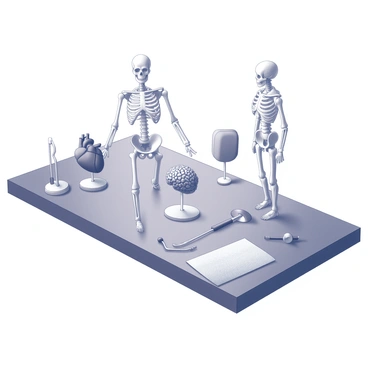 A consultation table made of polished wood, with a smooth surface. On the table, there are several anatomy models, including a detailed human skeleton, a model of the human heart, and a brain model. Surrounding these models are various diagnostic tools such as a stethoscope, a blood pressure cuff, and a reflex hammer. The arrangement is neat and organized, allowing for easy examination and discussion.