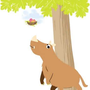 The Gruffalo, a large creature with rough brown fur and prominent tusks, is standing at the base of a tall tree. He is looking up curiously at a small bird's nest nestled among the branches. The nest is made of twigs and leaves, and it contains three speckled eggs. Bright green leaves surround the nest, and a clear blue sky is visible above, adding a sense of openness to the scene. The Gruffalo's expression shows fascination as he observes the nest.