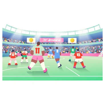A large sports stadium is filled with spectators cheering in the stands. On the field, several athletes are competing, each wearing jerseys that prominently display a brand's logo. The jerseys are in various colors, including red, blue, and green, with numbers on the back. Each athlete is engaged in their sport, showcasing dynamic movements. Bright stadium lights illuminate the scene, highlighting the excitement of the competition. In the background, banners with the brand's logo hang from the stadium walls, adding to the overall atmosphere of the event.