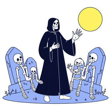 A dark necromancer wearing a flowing black robe with a hood that obscures his face stands in an ancient graveyard. His skeletal hands are raised towards the sky, channeling dark energy. Surrounding him are several skeletal figures emerging from the ground, each with empty eye sockets and bony limbs. The graveyard is filled with weathered tombstones covered in moss, and a faint mist lingers close to the ground. The moon is full, casting an eerie glow over the scene.