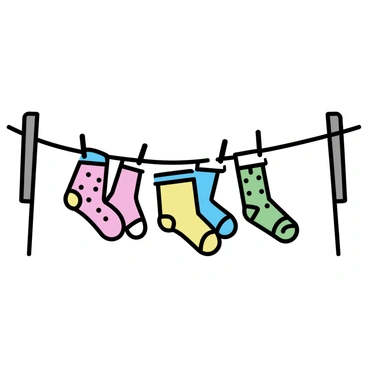 A clothesline stretched between two wooden posts is adorned with an array of funky socks. Each sock features outrageous patterns such as polka dots, stripes, and geometric designs. The colors are bright and vivid, including shades of pink, green, yellow, and blue. The socks are clipped onto the line with small wooden clothespins, gently swaying in a light breeze. The sky above is clear, allowing sunlight to illuminate the playful scene.