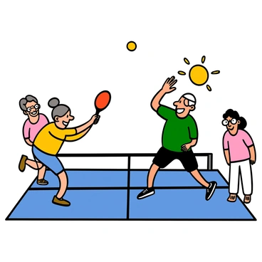 A group of seniors playing pickleball on an outdoor court, showing lots of energy and enthusiasm. There are four light-skinned men and women, all with big eyes, engaged in a competitive match. One woman, with gray hair tied back, is wearing a bright yellow shirt and blue shorts, swinging her paddle with a big smile. Opposite her, a man with short white hair wears a green shirt and black shorts, leaping to hit the ball. Another woman, with glasses and dark hair, wears a light pink shirt and white pants, watching intently from the side. The sun is shining brightly, and the net is prominently in the center of the court, creating an atmosphere of vibrant competition and joy.