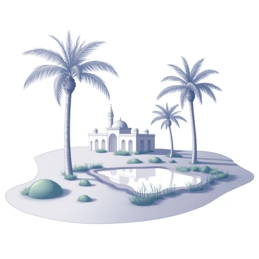 A desert oasis featuring several tall palm trees swaying gently. In the background, there is a small mosque with a distinct architectural style, showcasing a dome and a minaret. The scene includes a central body of water reflecting the surroundings, with patches of green grass and plants near the water's edge. The sandy terrain surrounds the oasis, creating a stark contrast to the lush greenery.