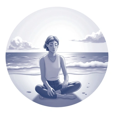 A person seated cross-legged on a sandy beach. The individual has their eyes closed, with a serene expression, and their hands resting gently on their knees. Waves gently lap the shore in the background. The sky is filled with various shades of light as the sun sets on the horizon, casting an ambient glow around the person. The scene conveys a sense of tranquility and relaxation.