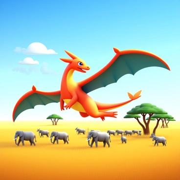 Charizard exploring the vast savannah with herds of animals in the background