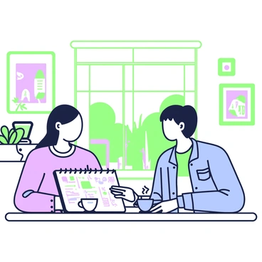 An illustrator and a client are seated at a wooden table in a bright café filled with natural light. The illustrator has a sketchbook open, filled with various designs and notes. She is wearing a casual denim jacket over a t-shirt. The client, dressed in a light sweater, leans forward, looking at the sketchbook with interest. A steaming cup of coffee sits in front of each of them on the table. Behind them, there are large windows showing a sunny street scene, with a few plants on the windowsill adding to the relaxed atmosphere. On a nearby wall, there are framed illustrations and art pieces displayed.