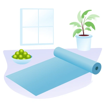 A yoga mat is laid out on a smooth wooden floor, with a bowl filled with fresh amla fruits placed nearby. The amla fruits are bright green and glistening with freshness, contrasting with the natural tones of the environment. Soft, natural light filters in from a nearby window, creating gentle shadows. In the background, a small potted plant adds a touch of greenery to the scene, enhancing the tranquil atmosphere.