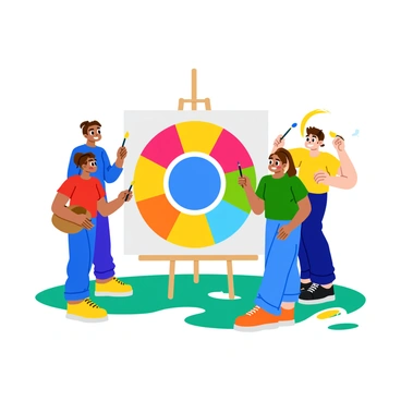 A group of four friends working together to paint a large color wheel on a blank canvas placed on an easel. The friends are wearing casual, colorful clothing, with one wearing a red shirt, another in blue, a third in green, and the last in yellow. Each friend holds a paintbrush dipped in vibrant paint, creating bright sections of the color wheel. The sun casts cheerful shadows, and patches of grass are visible beneath them, indicating a sunny afternoon. A few paint splatters decorate the ground around them, adding to the lively atmosphere.