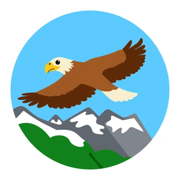 An eagle with brown feathers and a white head is soaring high above a range of rocky mountains. Its wings are fully stretched out, displaying intricate feather details and a strong, powerful shape. The mountains below are rugged and steep, with patches of green vegetation and snow-capped peaks. The eagle's sharp beak is open slightly, and its keen eyes are focused ahead. A clear blue sky serves as a backdrop, enhancing the scene's vibrant colors.