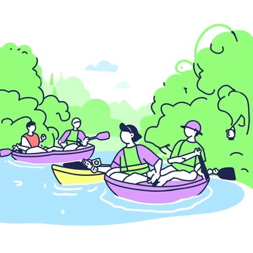 A group of adventurers in colorful kayaks is navigating through a hidden tributary of the Congo River. The kayakers are positioned in the foreground, with two individuals in the lead. One is wearing a bright life jacket and holding a paddle, while the other is using a waterproof camera to capture the scenery. Lush green vegetation lines the banks of the tributary, with tall trees and thick underbrush providing a natural frame. In the background, the water of the river reflects the surrounding greenery, creating a sense of adventure and exploration. Small ripples can be seen on the surface of the water as the kayaks move forward. The atmosphere conveys a sense of discovery in an untouched wilderness.