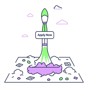 A platform is situated in an open space with various papers scattered across its surface. In the center, there is a bold sign that says "Apply Now." The platform is designed to resemble a launchpad, and it is positioned at an angle as if it is taking off. Flames and smoke are billowing out from the base of the platform, creating a dynamic effect. Above the platform, the sky is vast and clear, emphasizing the upward motion of the launch. The scene captures the moment just as the platform begins its ascent into the sky.