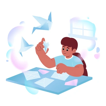 A child is sitting at a table, focused on folding a colorful piece of paper into an origami crane. The child has a look of concentration, with one hand holding the paper while the other hand is making precise folds. The origami crane is partially completed and appears to be lifting off the table, with its wings slightly spread as if ready to take flight. Surrounding the child are scattered sheets of colorful paper and a few completed origami figures, creating a lively atmosphere of creativity. A soft glow from a nearby window illuminates the scene, enhancing the colors of the papers.