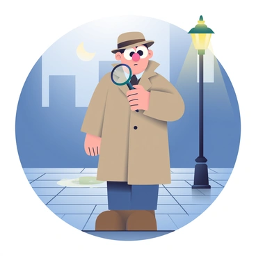 A cartoon detective with a magnifying glass is standing in a dimly lit city street. He has a light brown trench coat and a matching fedora tilted at an angle. The detective has exaggerated facial features, including large eyes and a prominent nose. Shadows stretch across the cobblestone pavement, and faint light emanates from a nearby streetlamp, illuminating a small puddle on the ground. In the background, there are silhouettes of tall buildings, and the faint outline of a moon appears in the cloudy night sky.