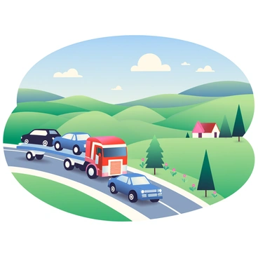 A large transport truck with a red and white color scheme is driving on a winding rural road. The truck has a flatbed trailer loaded with several shiny, new cars in various colors, including blue, silver, and black. Surrounding the road are lush green fields dotted with wildflowers and tall, leafy trees. In the background, rolling hills extend under a bright blue sky with fluffy white clouds. A small farmhouse with a red roof can be seen off to the side, adding to the picturesque countryside landscape.