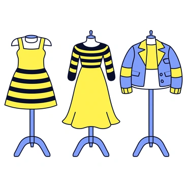 A collection of fashionable clothes inspired by bee patterns and colors, arranged on three mannequins. The first mannequin showcases a yellow dress with black stripes resembling a bee's body. The second mannequin displays a black and yellow striped blouse paired with a flowing yellow skirt. The third mannequin features a stylish jacket with a subtle hexagonal pattern and yellow accents. The mannequins are set against a simple background, allowing the vibrant colors and patterns of the clothing to stand out.