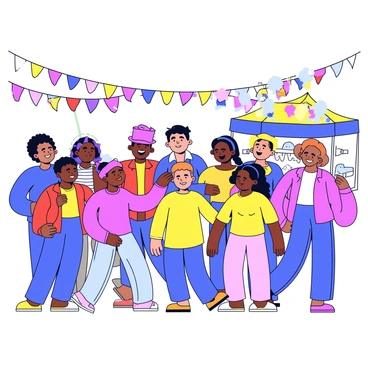 A lively group of people gathered at a cultural festival. The group consists of individuals of diverse backgrounds, smiling and engaging in conversation. They are surrounded by colorful decorations, including vibrant banners and string lights. There are stalls with traditional crafts and food items in the background. The atmosphere is filled with a sense of joy and celebration, highlighted by the bright colors of clothing worn by the attendees.
