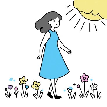 A figure wearing a light blue dress is walking through a sunlit meadow. The meadow is filled with various wildflowers in shades of yellow, pink, and white. The figure has long hair flowing in the gentle breeze. Sunlight filters through the leaves of nearby trees, casting soft shadows on the ground.