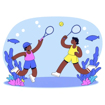 A whimsical 3D illustration of a badminton match taking place underwater