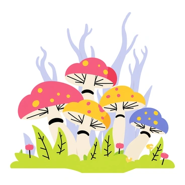 A cluster of giant mushrooms with brightly colored caps in varying shades of red, blue, and yellow. The mushrooms have large, intricate patterns on their surfaces, with some displaying spots and others having stripes. The stems are thick and textured, rising from a soft, mossy ground. Surrounding the mushrooms are lush, green ferns and small, glowing flowers that emit a soft light. In the background, tall, whimsical trees with twisted branches and thick trunks create a sense of depth in the fantasy forest. The atmosphere is vibrant and filled with a sense of adventure.