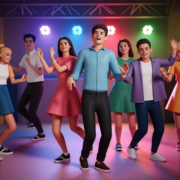 A group of guests, dressed in a variety of stylish outfits, are dancing energetically on the floor. The men wear shirts in shades of blue and black, paired with dark trousers, while the women wear dresses in bright colors such as red, green, and purple. Colorful lights illuminate the space, casting vibrant hues of red, blue, green, and yellow across the dance floor. Some guests are smiling widely, while others are caught mid-movement, showcasing their excitement. The atmosphere is lively, with a sense of joy and celebration in the air.