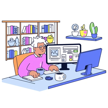 A freelancer is sitting at a desk in a cozy home office. The office features wooden shelves filled with books and plants. The freelancer has short hair and is wearing glasses, focused on multiple digital tasks. There are three computer screens on the desk displaying various applications and work documents. A steaming cup of coffee sits on the desk next to a notepad filled with handwritten notes. A soft, warm light is coming from a desk lamp, creating an inviting atmosphere.