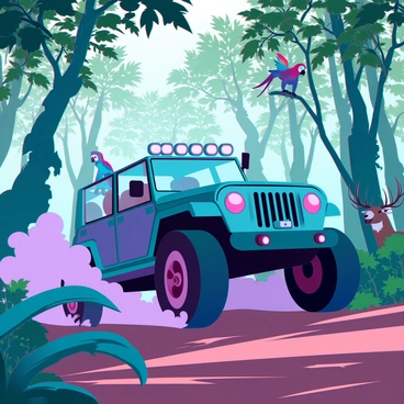 A rugged jeep with a metallic green finish is speeding through a dense jungle. The vehicle is kicking up a cloud of dust as it navigates a narrow dirt path. Tall, lush trees with broad leaves surround the jeep, creating a vibrant canopy overhead. Various wildlife creatures, such as a colorful parrot perched on a branch, a curious monkey swinging from a vine, and a deer partially hidden behind a bush, are peeking through the dense foliage. Sunlight filters through the leaves, casting dappled shadows on the ground, enhancing the sense of adventure in this wild setting.